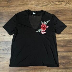 Y2K Black Mesh Floral Embroidered V Neck Top Rose Women‎ Medium Whimsygoth Fairy